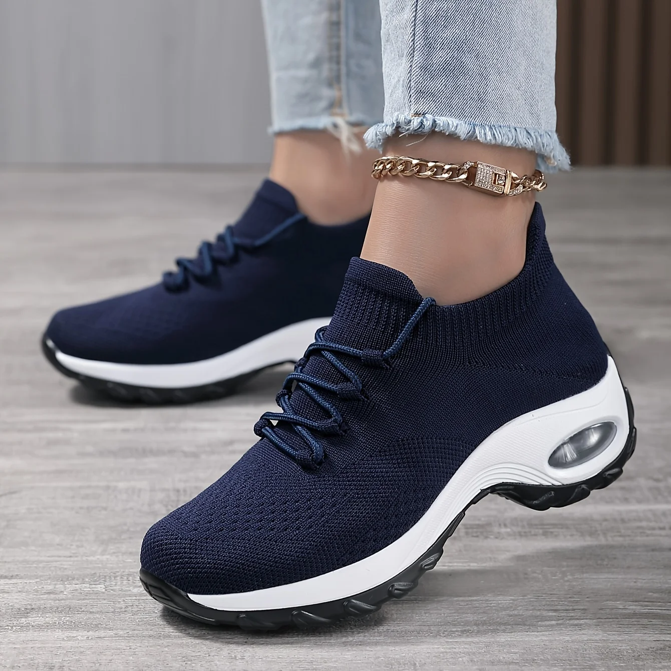 Women Walking Shoes Arch Support Knit Mesh Non Slip Sneaker Shoes Woman Breathable Lightweight Lace-up Blue Running Shoes 1862 t