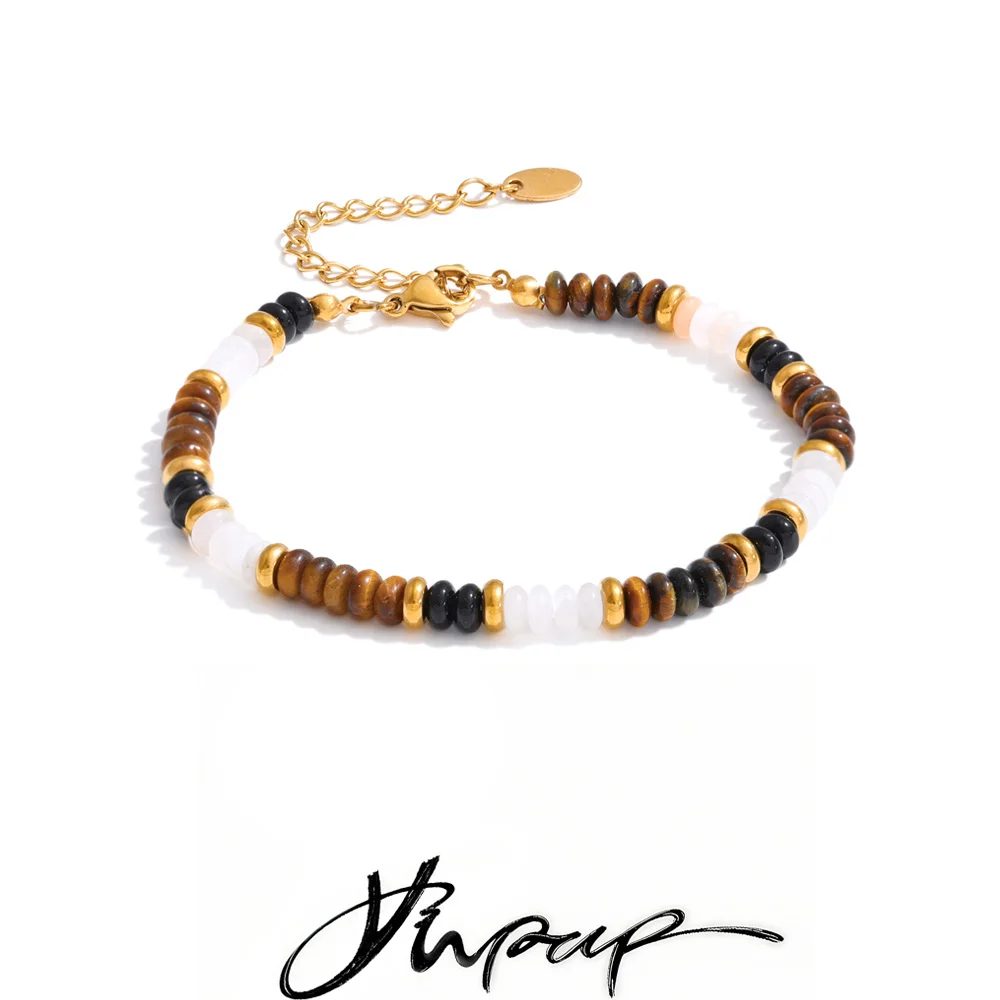 Yhpup Stainless Steel Natural Tiger Stone Beads Chain Handmade Bracelet Bangle for Women Fashion Wrist Summer Manual Jewelry