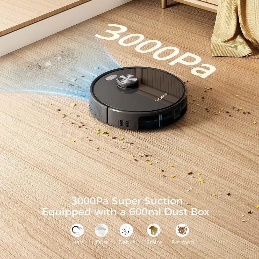 TESVOR-Robot aspirador S5, aspiradora con succión de 3000Pa, navegación LiDAR, batería de 2600mAh, 180 minutos de tiempo de funcionamiento, fregado,