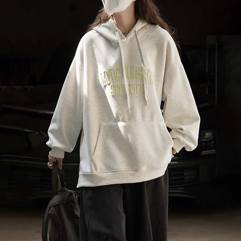

FANAN Hooded Design Pullover Sweatshirt For Women Drawstring Embroidery Casual Loose Tops Fashion Clothes 2025 Autumn New