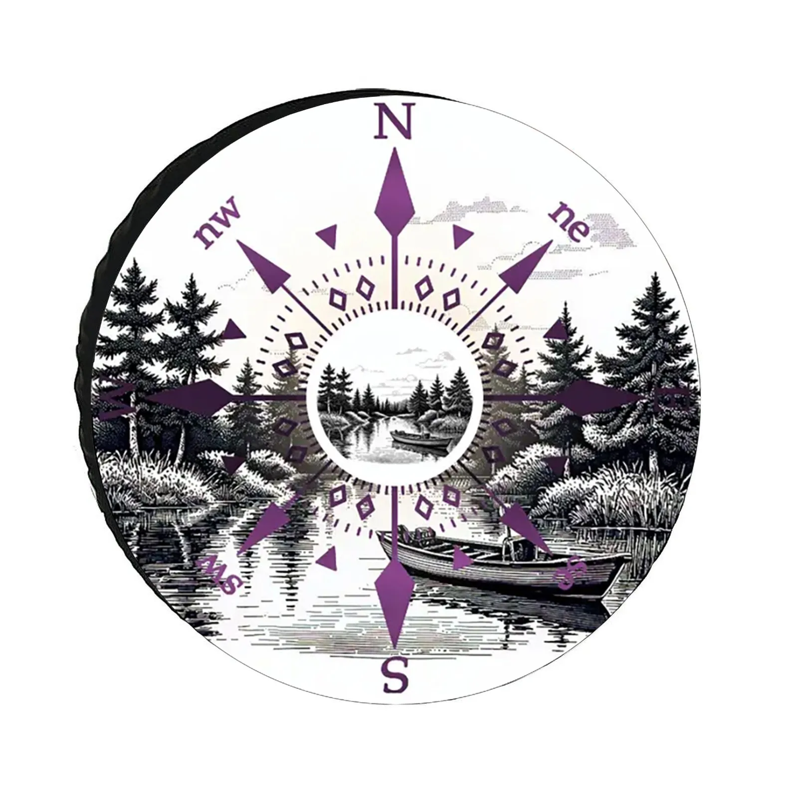 

Woodland River Compass Graphic Spare Tire Cover Durable Polyester Protector for RV Off-Road Truck Wheels