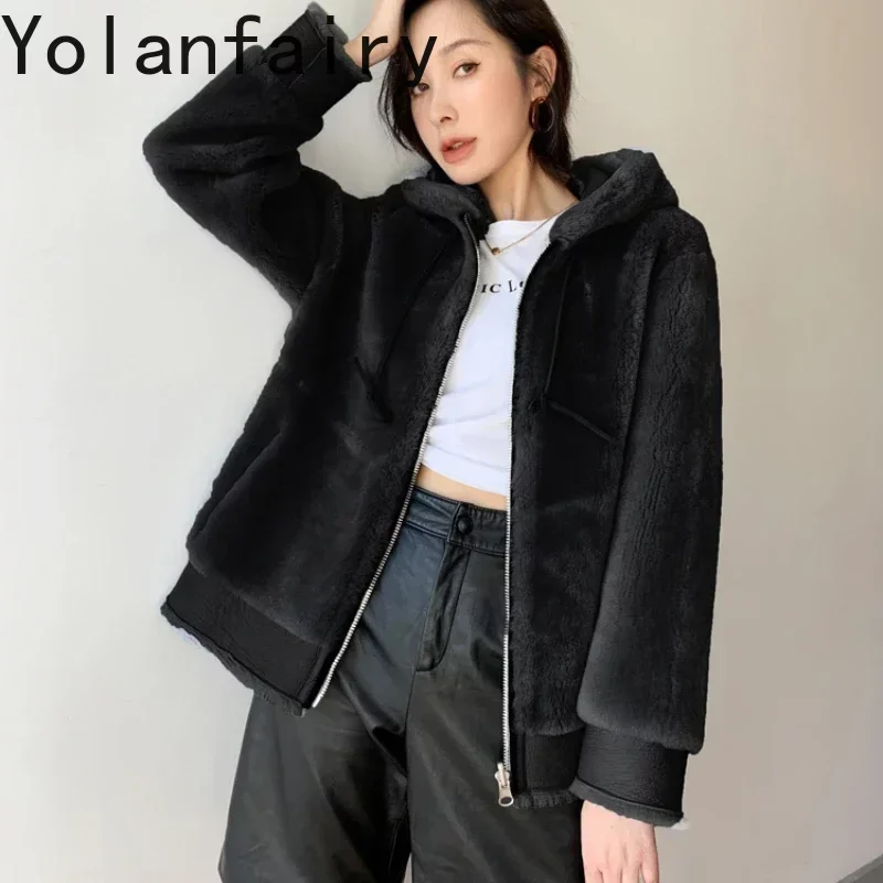 Hooded Real Fur Coat Women Natural Sheep Fur Coats Short Genuine Leather Fur Jacket for Women 2024 Winter Double-sided Wear SGG