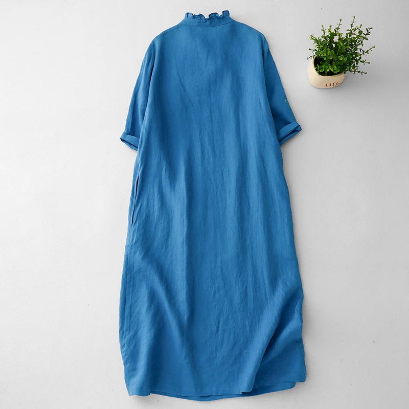 2025 Zomer Nieuwe Kantoor Dame Vrouw Katoenen Jurk Vestidos Gewaad Effen Losse Plus Size Korte Mouw Stand Kraag Lange Jurk N671