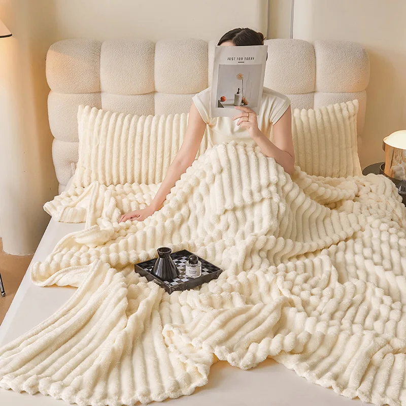 Modern Korean Style Solid Color Coral Plush Blanket Winter Thick Wide Flannel Bedroom Sofa Soft Breathable Warm Cover Blanket