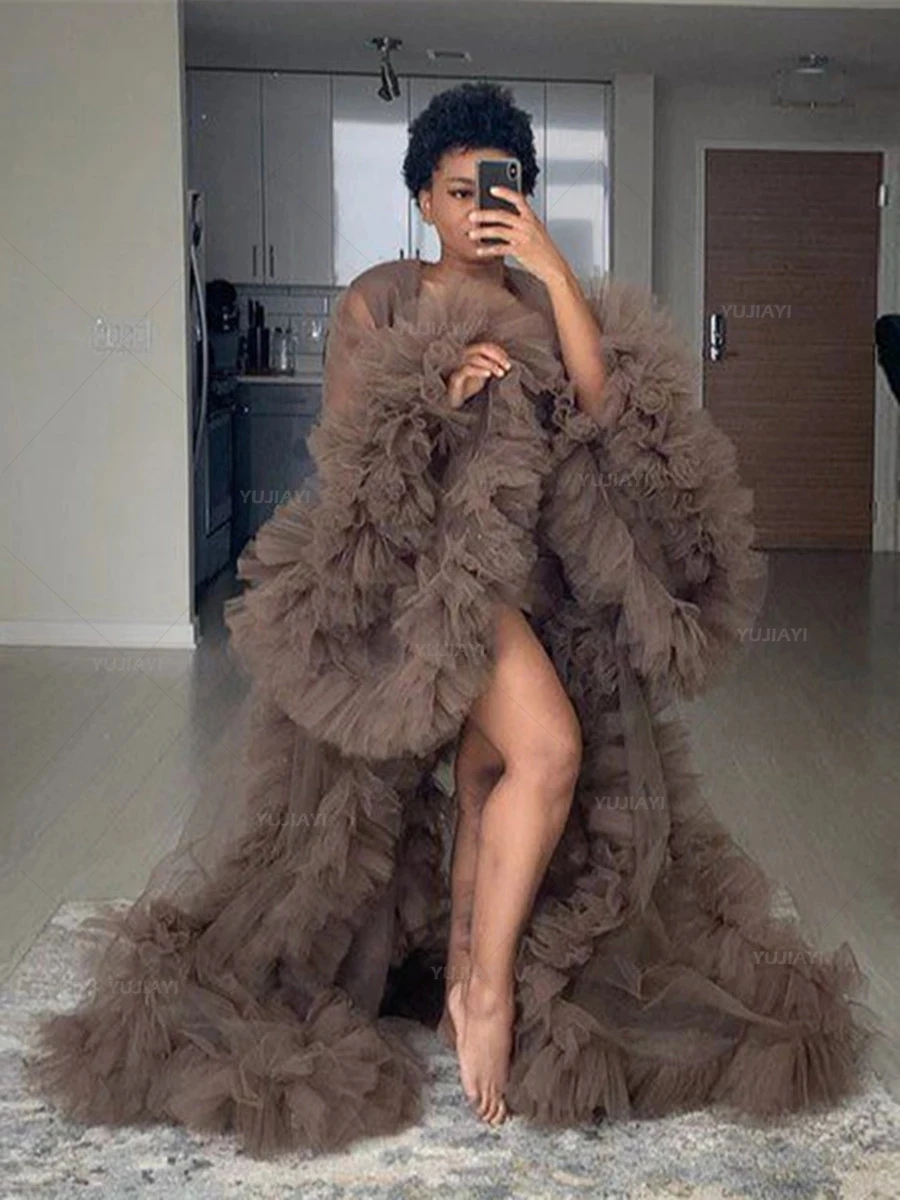 Women Evening Dresses Custom Tulle Robe Long Ruffled Birthday Party Prom Gown for Photoshoot Perspective Sheer Bridal Sleepwear