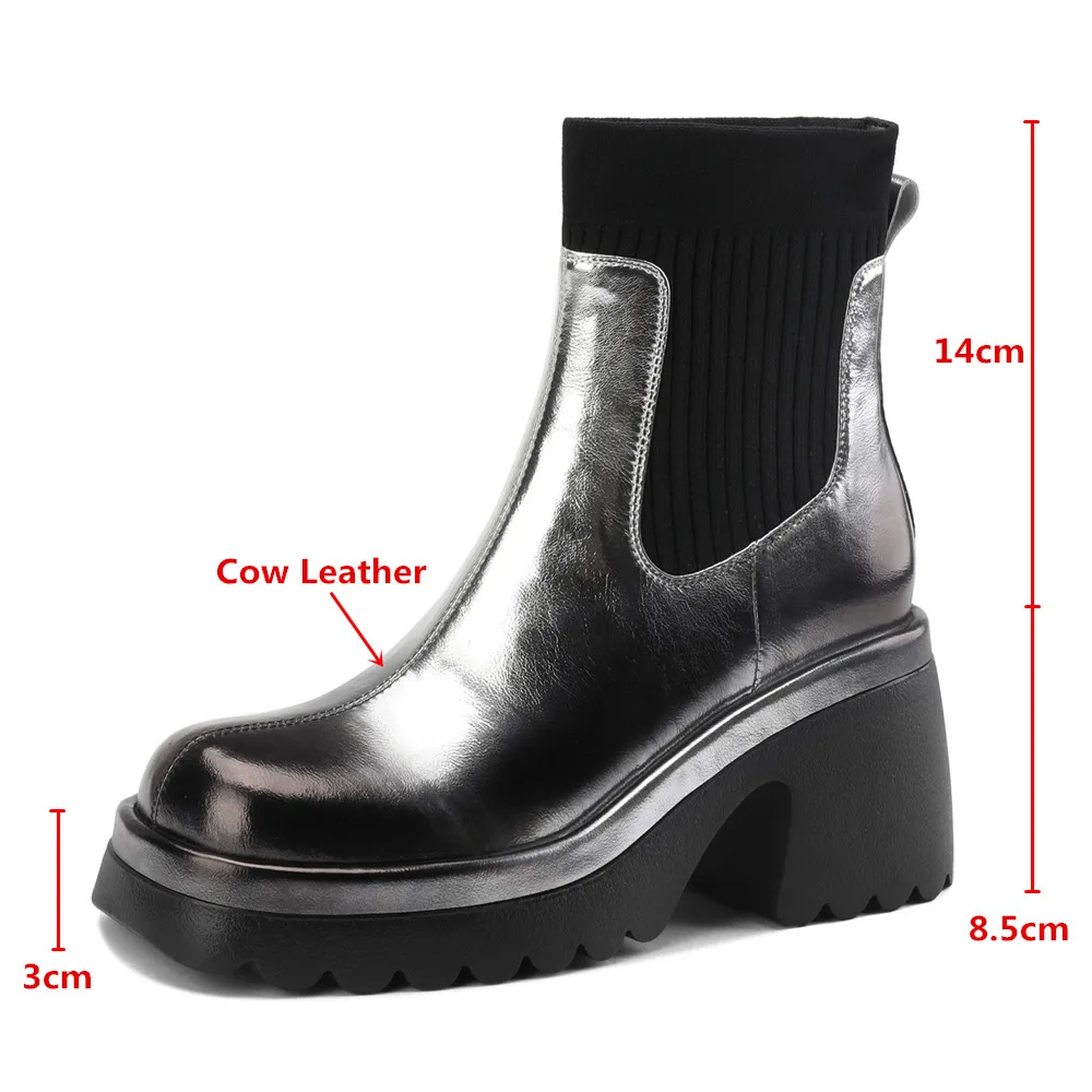 MILI-MIYA New Arrival Super High Thick Heels Metallic Women Cow Leather Ankle Boots Slip On Solid Color Round Toe WaterProof