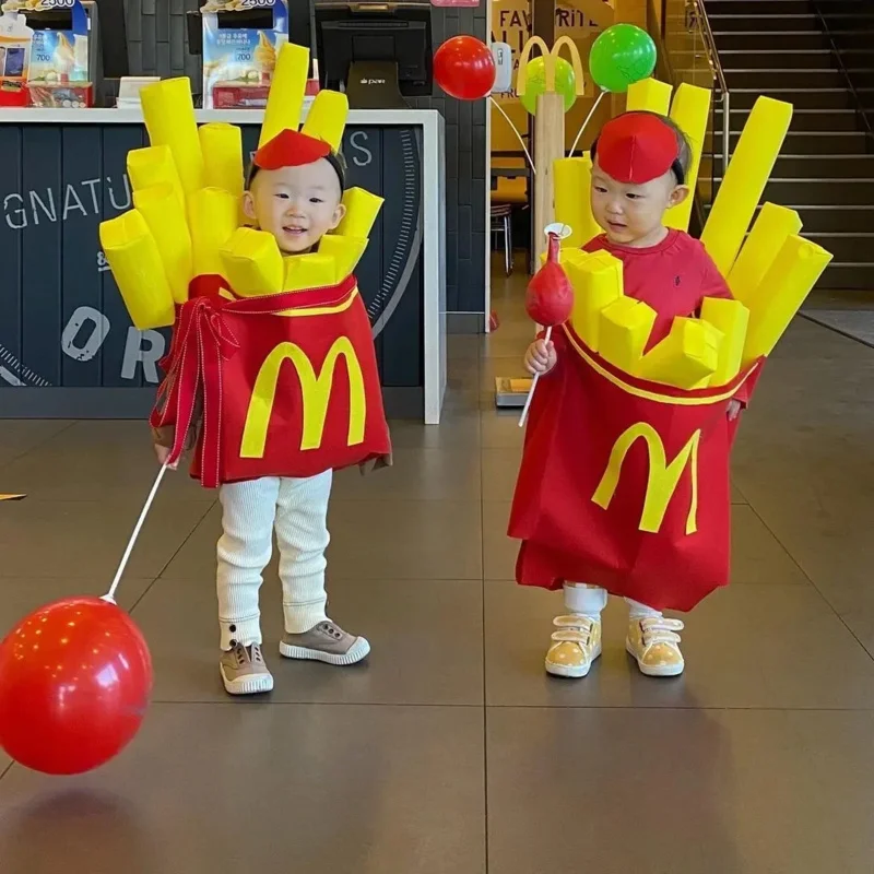 Halloween Creative Funny Spoof Fries Baby Costume Set for Boys Girls Kids Cute Stage Performance Costumes Fries Jumpsuit Suits