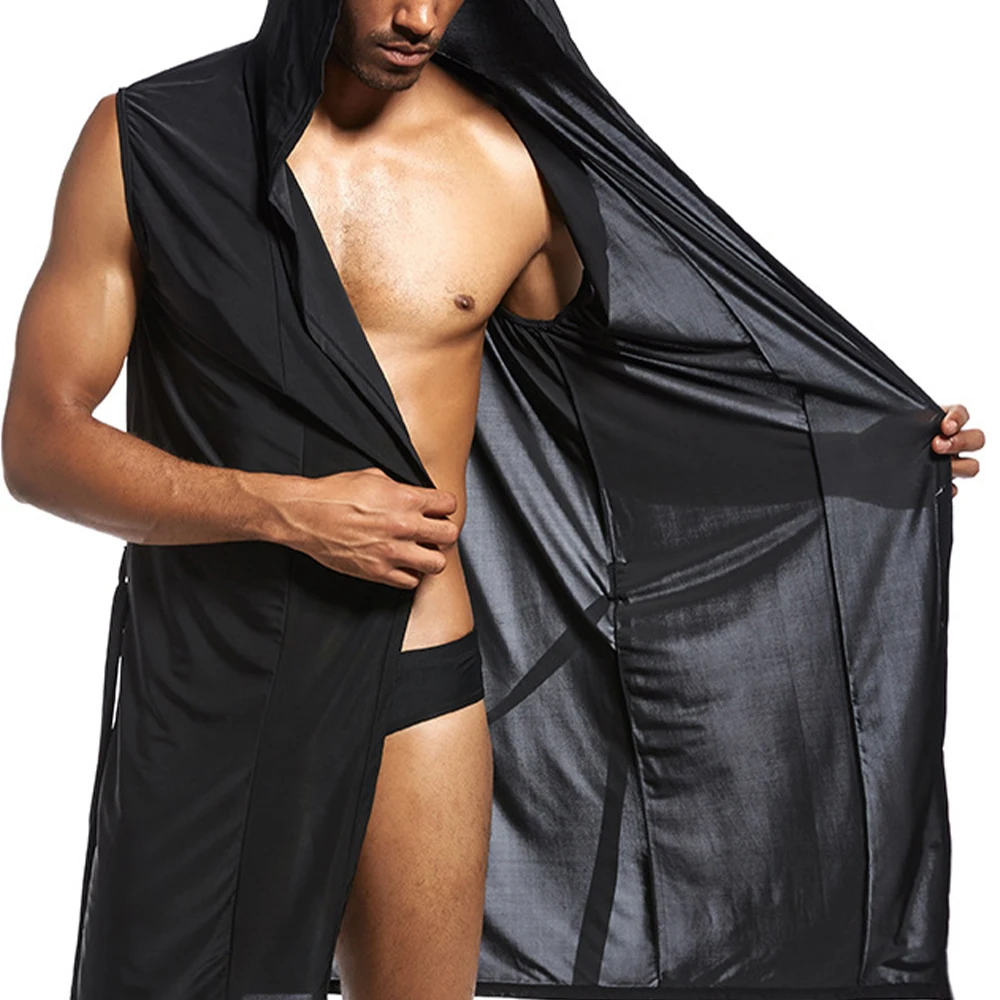 Men's Sleeveless Hooded Bathrobe Silky Soft Fabric Open Front Waist Tie Design Sexy Long Robe for Loungewear Nightwear Homewear