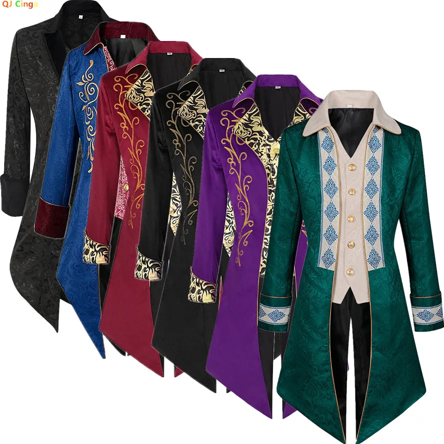

2025 New Medieval Men's Retro Long Jacket, Red Stage Performance Tailcoat, Purple Stand-up Collar Long-sleeved Trench Coat