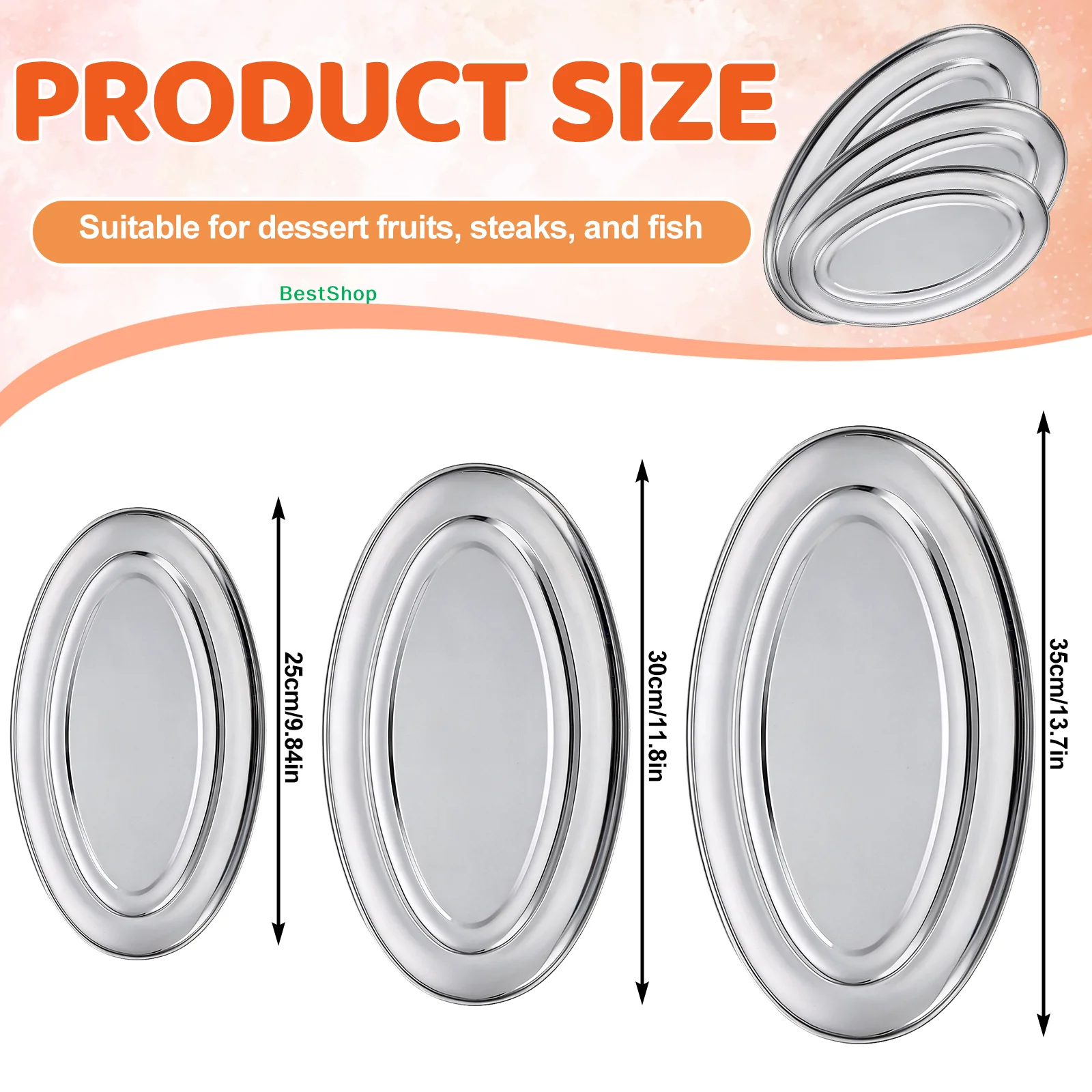 〔G〕3 Pcs Oval Stainless Steel Serving Platter, Multi-size Metal Fish Plate Tray for Kitchen Restaurant Food Serving