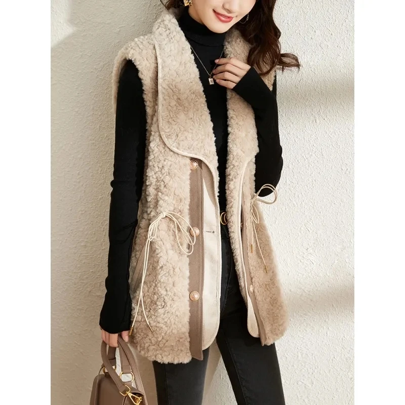 Lamb Wool Vest Jacket Women Autumn Winter Solid Color Thick Sleeveless Coat Chaleco Mujer Fashion Drawstring Female Waistcoat