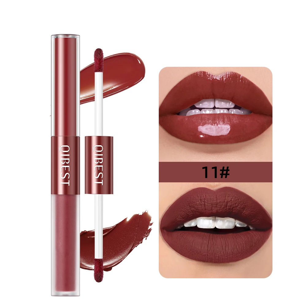 QIBEST Doppelseitiger, mattierter, samtiger, flüssiger Lippenstift, glänzender Lippenstift, 2-in-1-Spiegelwasser-Lipgloss, feuchtigkeitsspendendes Lippenglasur-Make-up