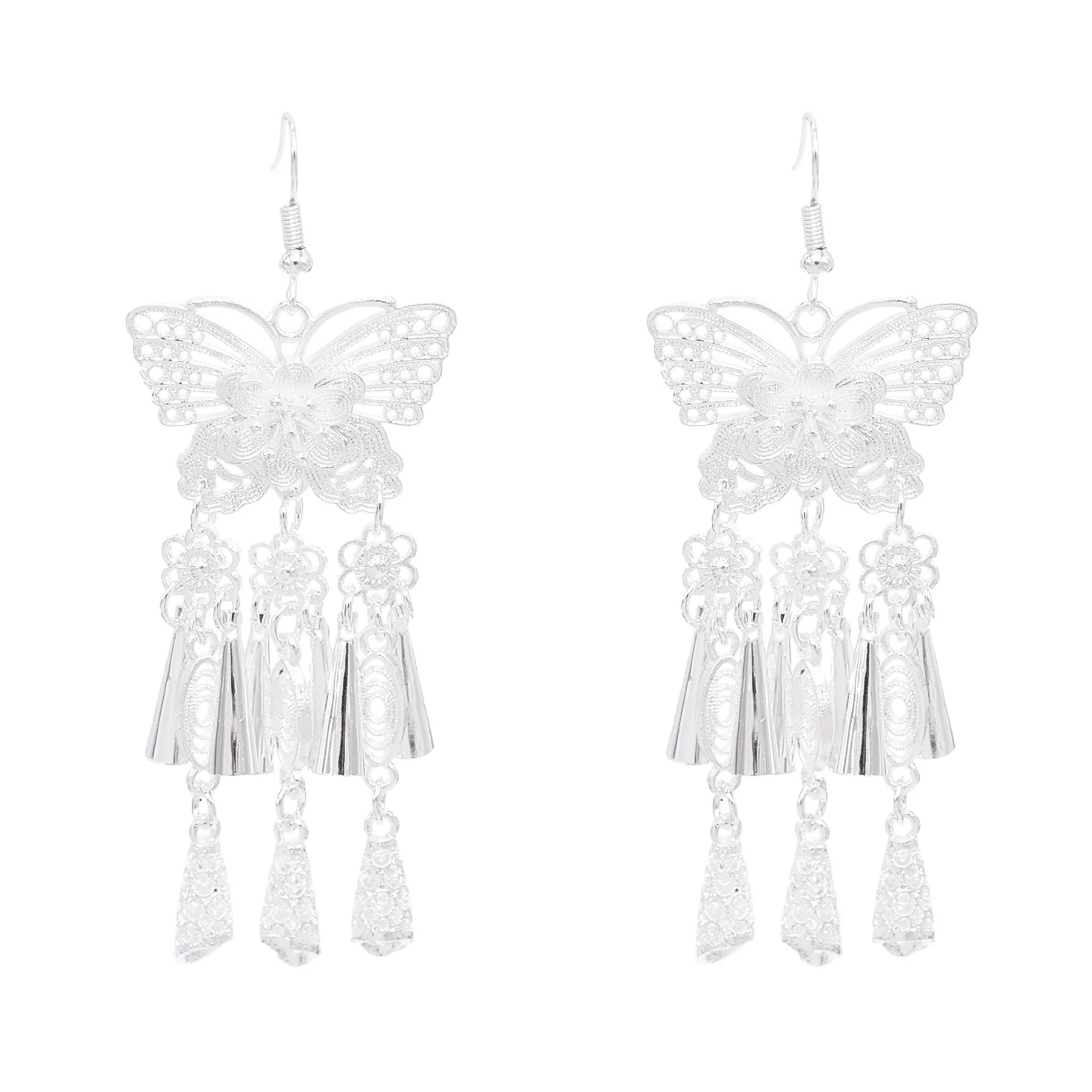 Silver Plated Alloy Butterfly Pendant Long Chain Hollow Horn Palm Earrings for Miao Bridal Wedding Traditional Costumes Jewelry