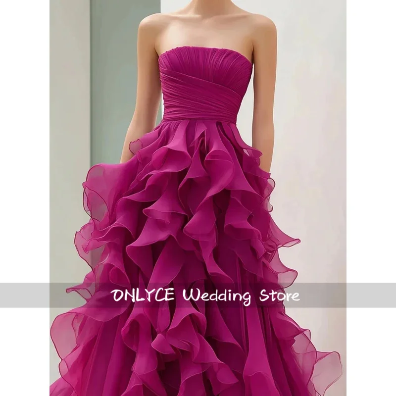 Customized Sweet Strapless Sleeveless Evening Dress Tiered Chiffon A-line Floor Length Prom Gown Simple  Graduation Dress