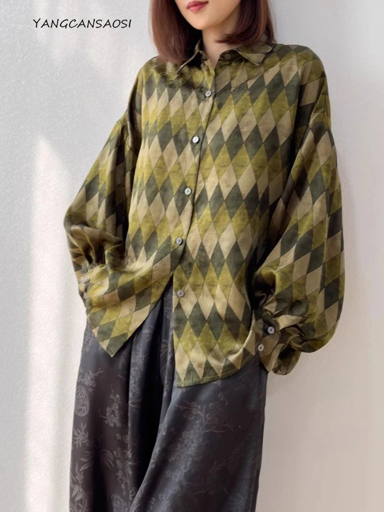 

Women's Fashion Clothing 100% Natural Mulberry Silk Gambiered Guangdong Gauze HuaLuo Square Neck Loose Lantern Sleeve Shirt