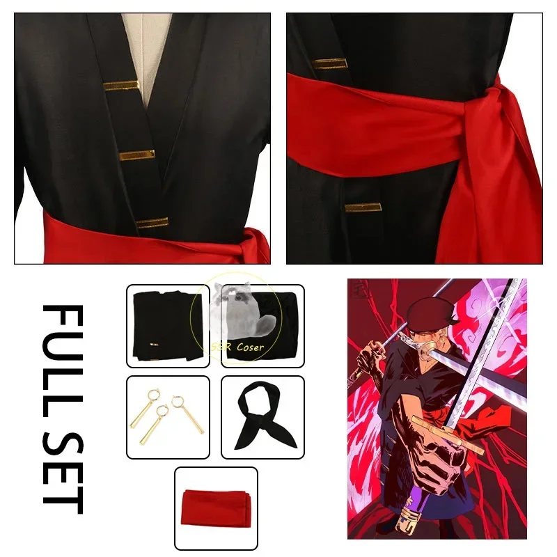 11Anime Roronoa Zoro Costume Cosplay Uniforme Cappotto Nero Cintura Pantaloni Testa Sciarpa Roronoa Zoro Parrucca Orecchini Halloween Uomo Vestiti