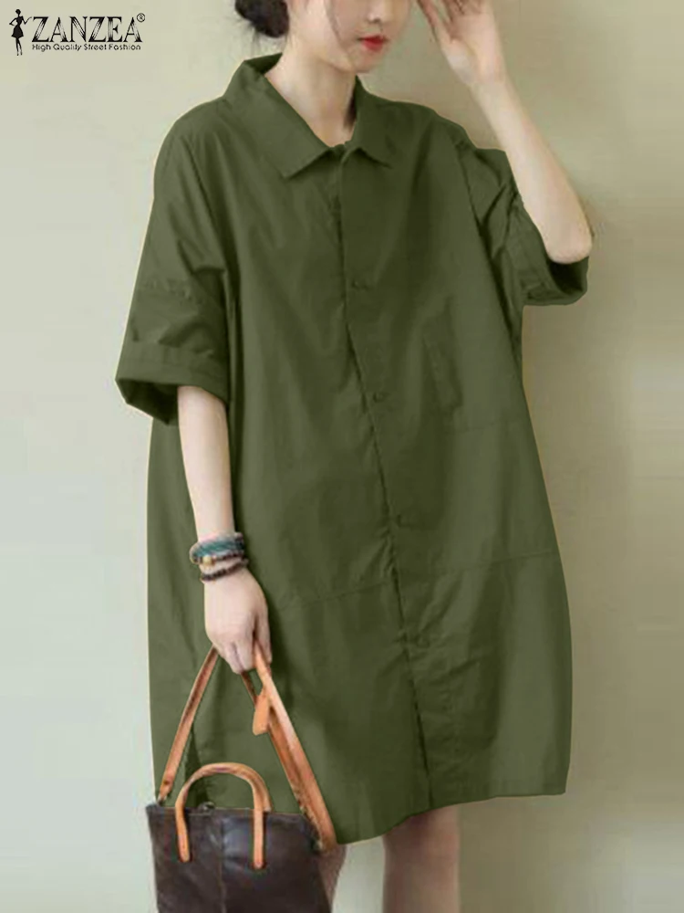 

ZANZEA Oversize Summer Shirt Dress Fashion Women Lapel Neck Half Sleeve Loose Solid Sundress Robe Femme Casual Party Vestido