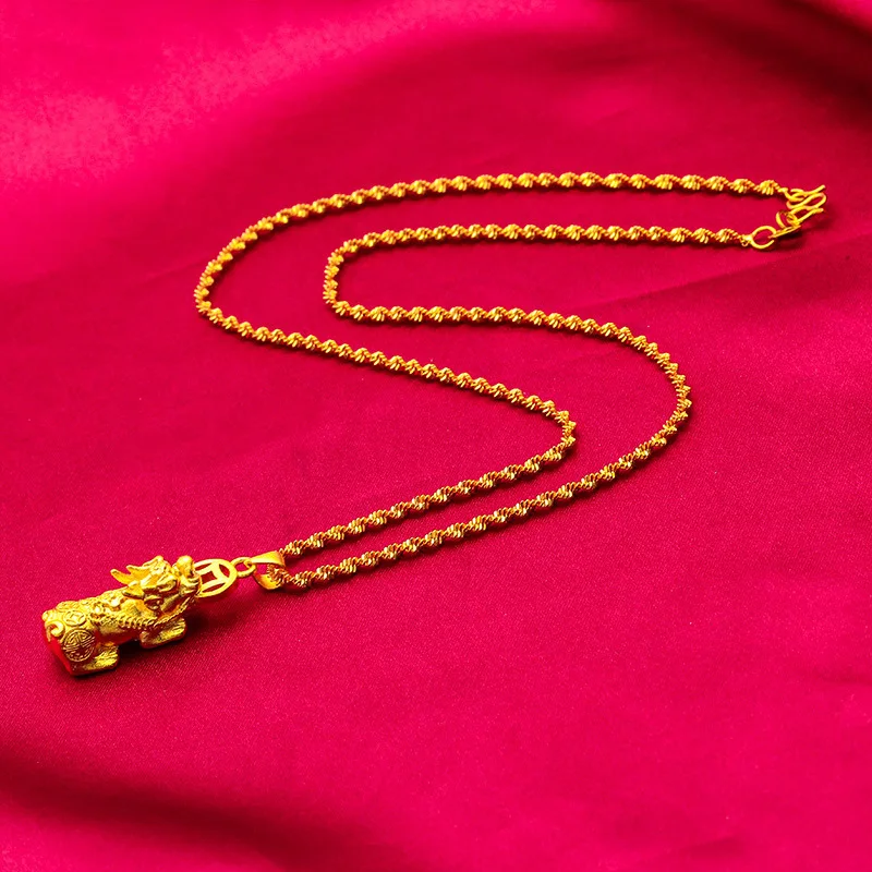 

24K Gold AU999 Women's Pixiu Ripple Necklace - Ripple Sandblasting, Gold Foil Chain High-End, Daily Chic Wealth Charm Full Vibe