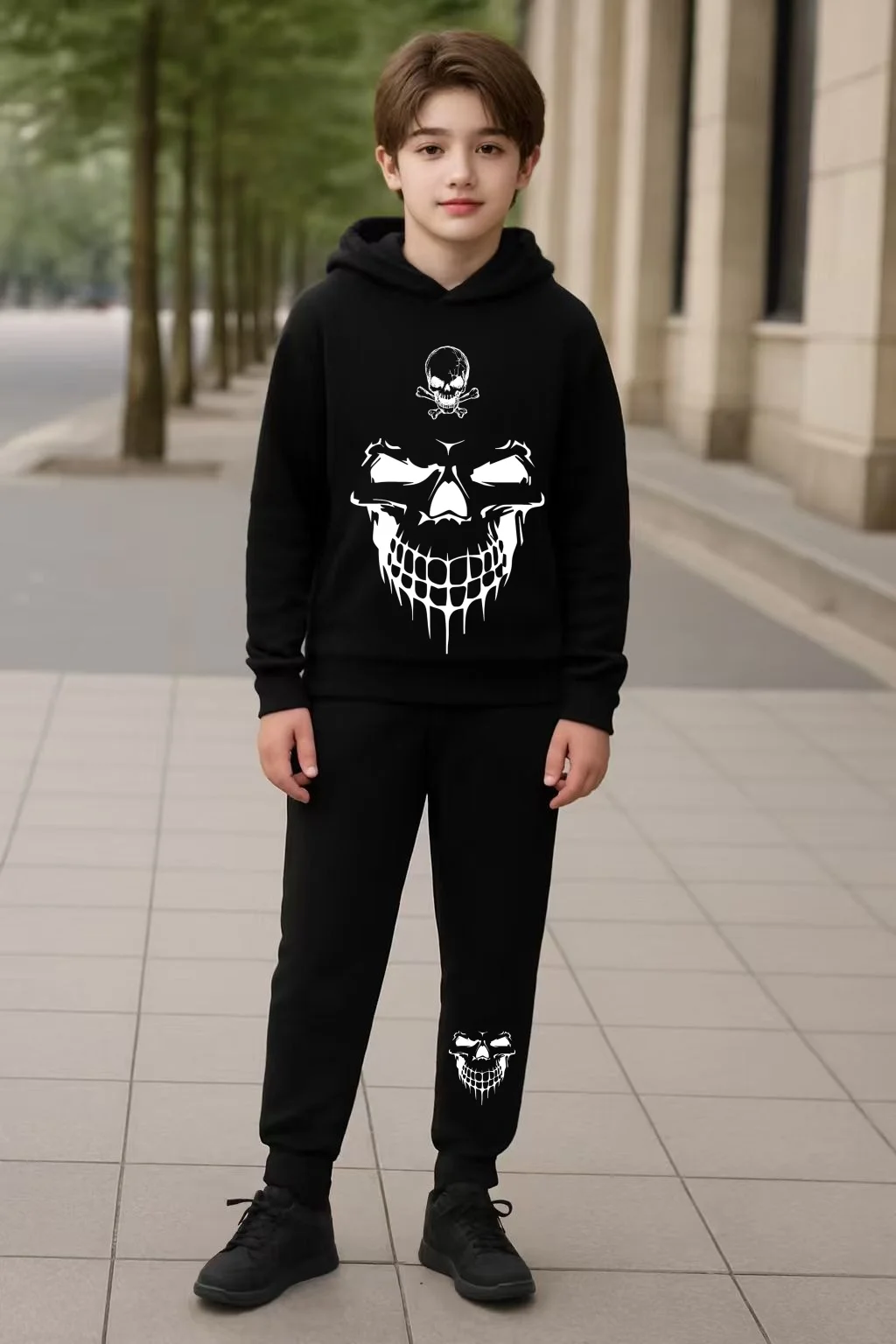

Boys' fashion hoodie 2-piece set, boys' hooded long sleeved hoodie+pants, skull print Halloween, autumn and winter casual and co