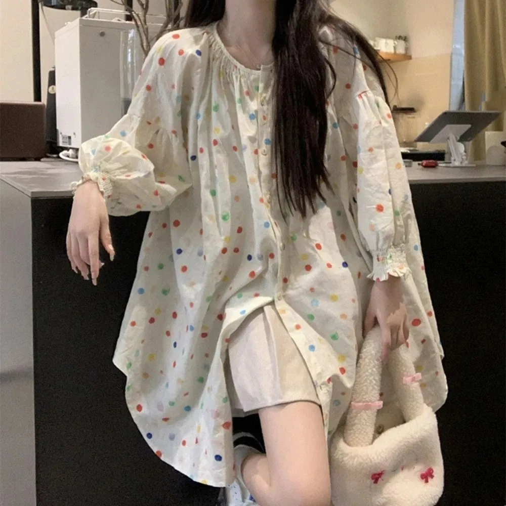 

Retro Sweet Colorful Dots Blouse Loose Casual Pleated Shirt Top Thin Ins Long Sleeve Shirt Girl