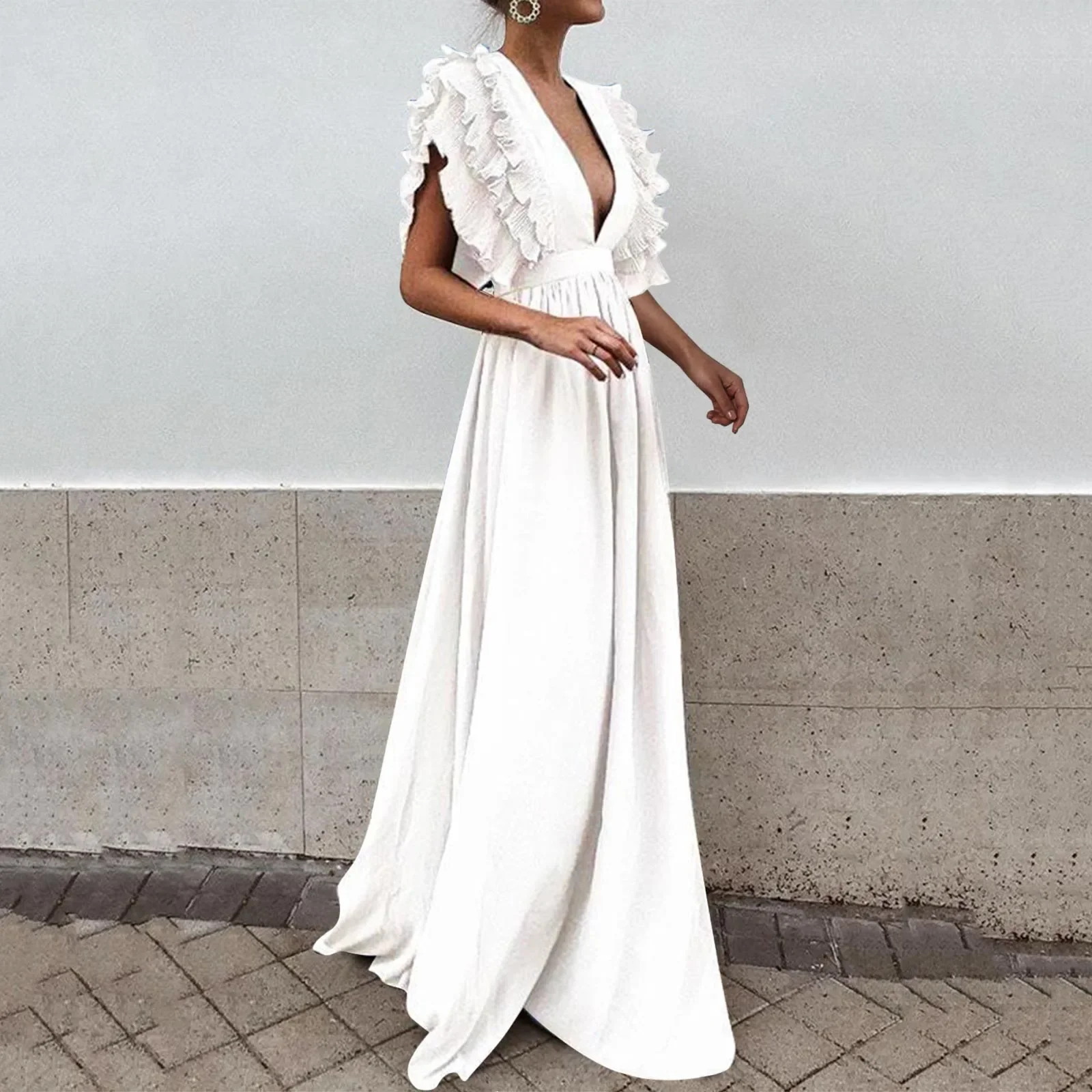 2024 Women's Chic and Elegant V-Neck Long Party Dress Ladies Fashion Sexy White Black Ruffles Maxi Dress Evening Dresses