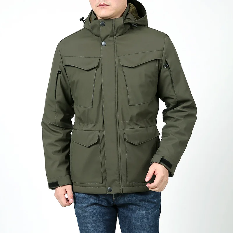 

2023 New Winter Military Parkas Men Fleece Lined Windbreaker Jackets Thick Hooded Coat Male Multi Pocket Plush Work Cargo Jacket