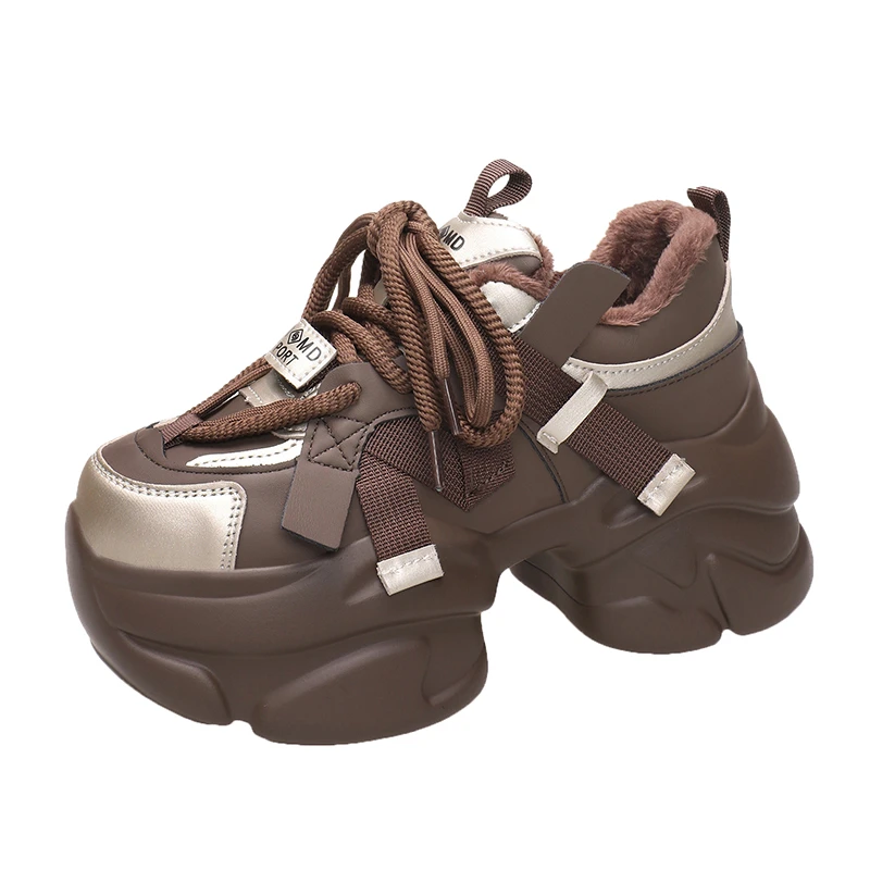 8CM Winter Women's Warm Chunky Fur Sneakers High Platform Sports Shoes Woman Thick Sole Leather Casual Shoes Zapatillas Mujer