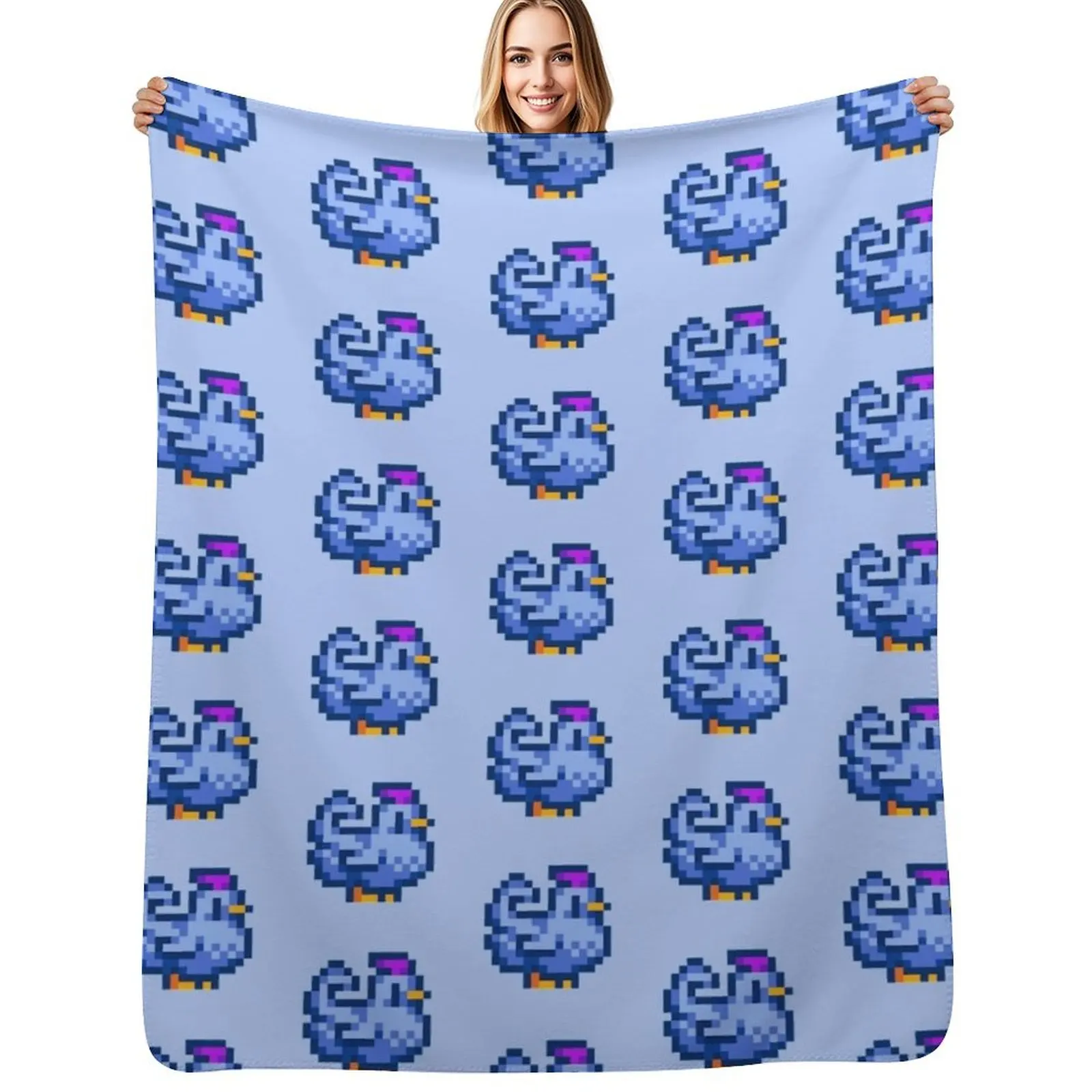 Stardew Valley Pixel Blue Chicken Throw Blanket Travel Size Cozy Blanket for Plane Train
