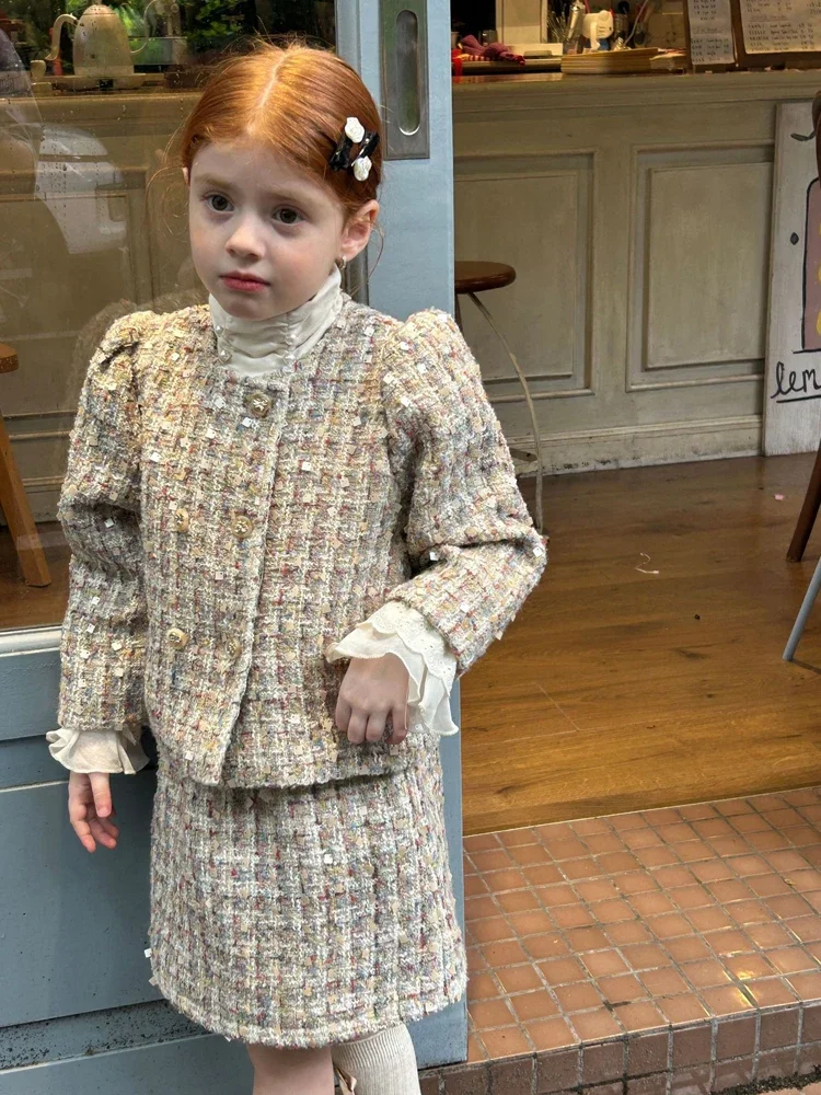 

Комплект дюймовой юбки с жемчугом для девочек, корейский комплект из смеси хлопка, весенне-осенняя одежда для детей 2–8 лет