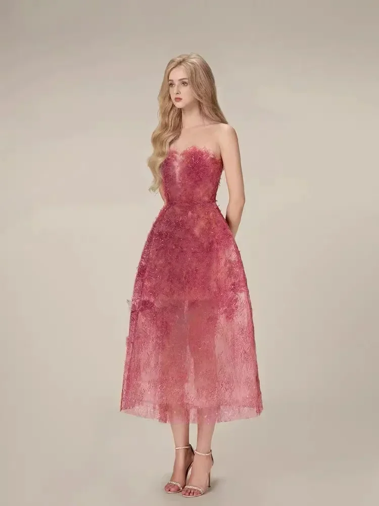 Luxury Runway Women's Party Dress Fashion Designer Summer O Neck Sleeveless Patchwork Lace Mesh Floral Sequin Prom Long Vestidos image 3