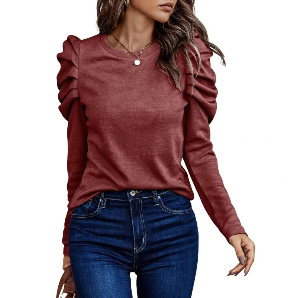 Fashion Women Blouse Top O Neck Solid Color Puff Sleeve Pullover Casual Long Sleeve Loose Commuter Women Clothes blusa feminina