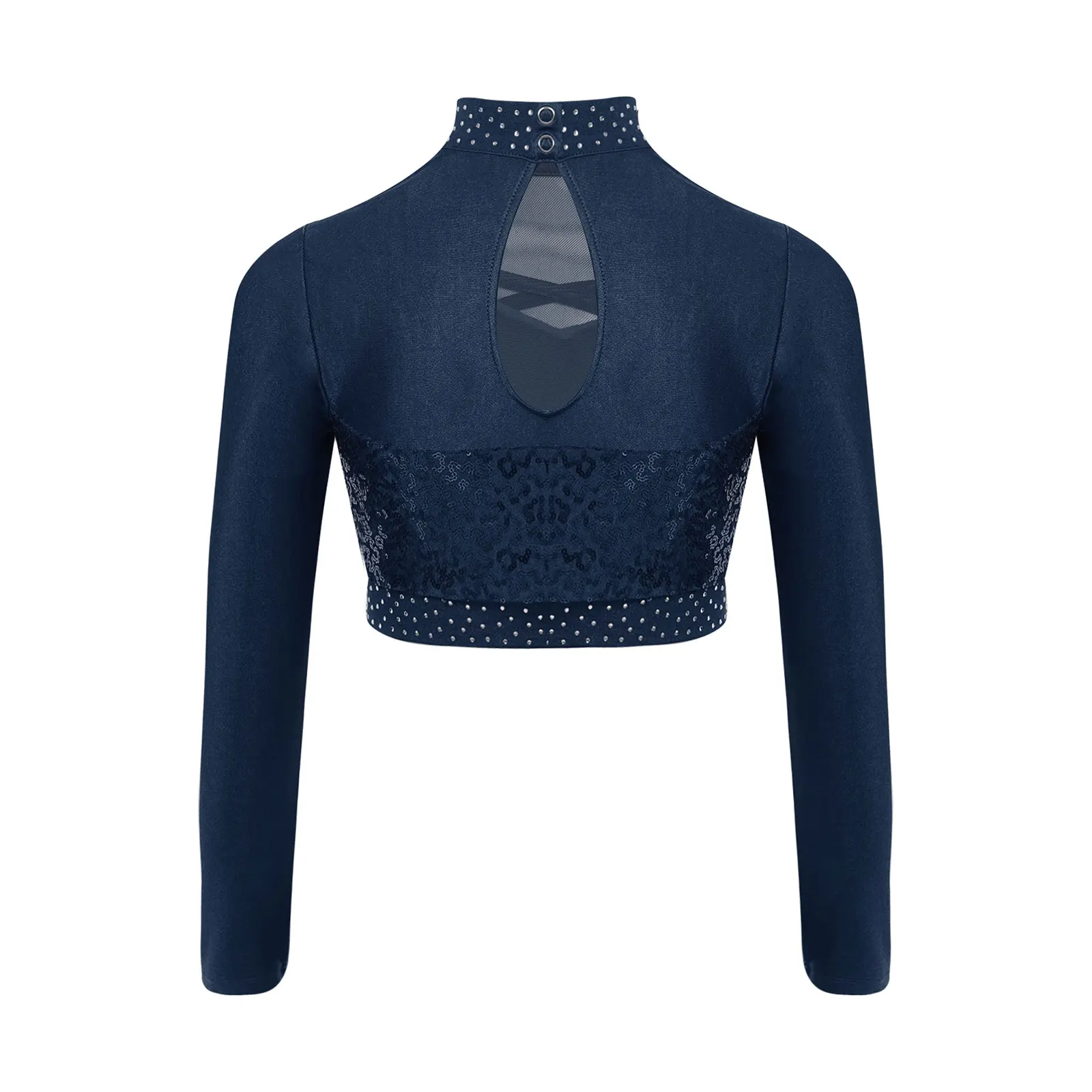 Kinder Mädchen Jazz Dance Top Streetwear Mock Neck Langarm Sheer Mesh Patchwork Glänzende Pailletten Crop Top für Performance Dancewear