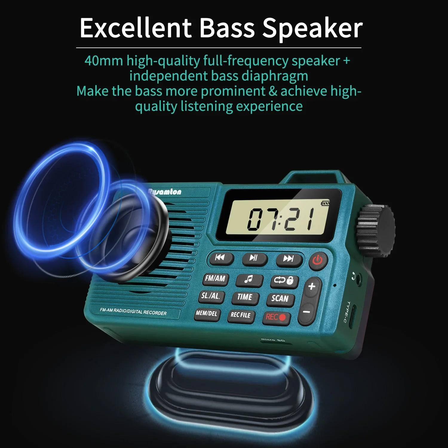 Portable AM/FM Radio, Small Pocket Radio with Bluetooth, Bass Speaker, Support Micro SD Card and Record, Long Battery Life