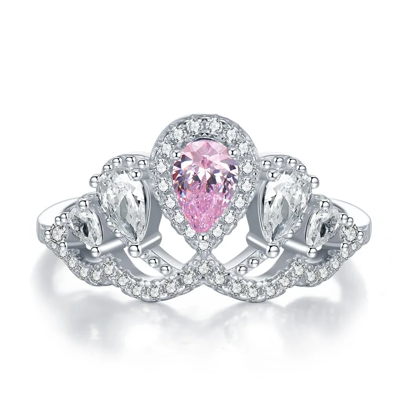 Luxe Prinsessenstijl Platina Roze Diamanten Kroonring 925 Zilveren Lab Diamanten Ringen Bruiloft Bruids Sieraden Vrouw Vriendin Cadeau