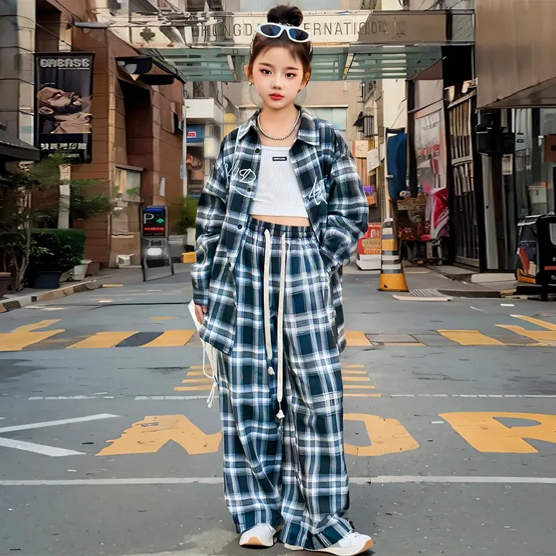 Jazz Dance Costume Girls Street Dance Outfit Children Kpop Hip Hop Stage Outfit Oversize Plaid Shirt Pants Black Red Dancewear