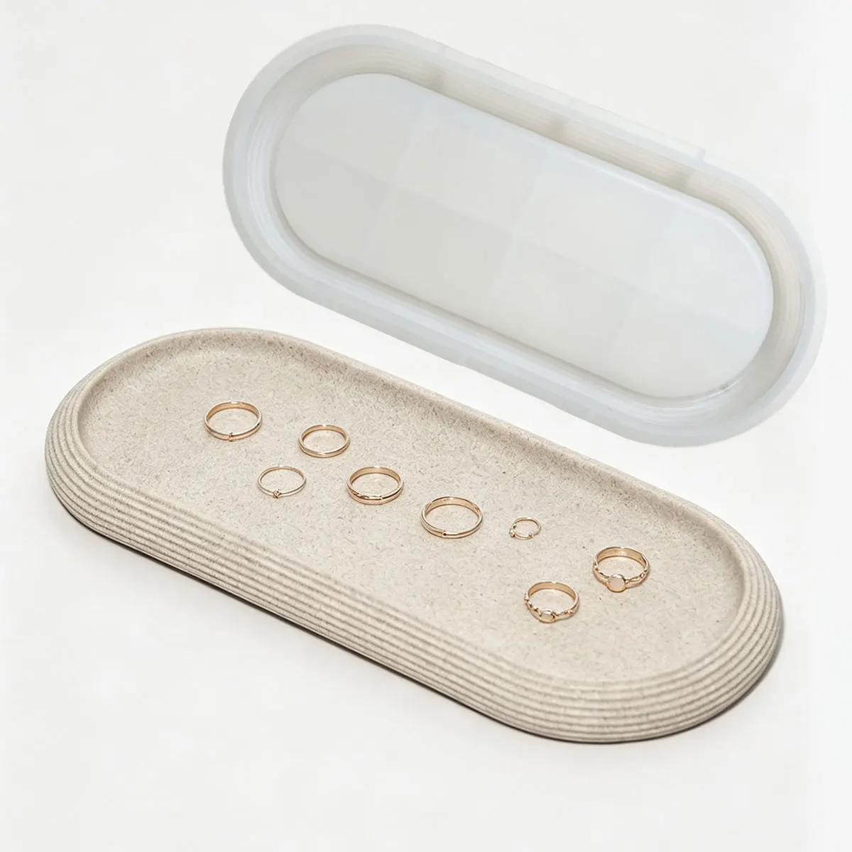 Moule en silicone pour plateau de rangement ovale texturé, moule de moulage pour argile, ciment, plâtre, résine, fait main, pour la création de bijoux et de porte-clés DIY
