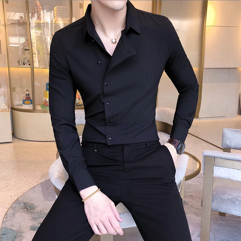 

2022 Fashion Men Brand Shirt Long Sleeve Chic Streetwear Blouse Korean Style Social Shirts Handsome Work Blouse Clothes W88