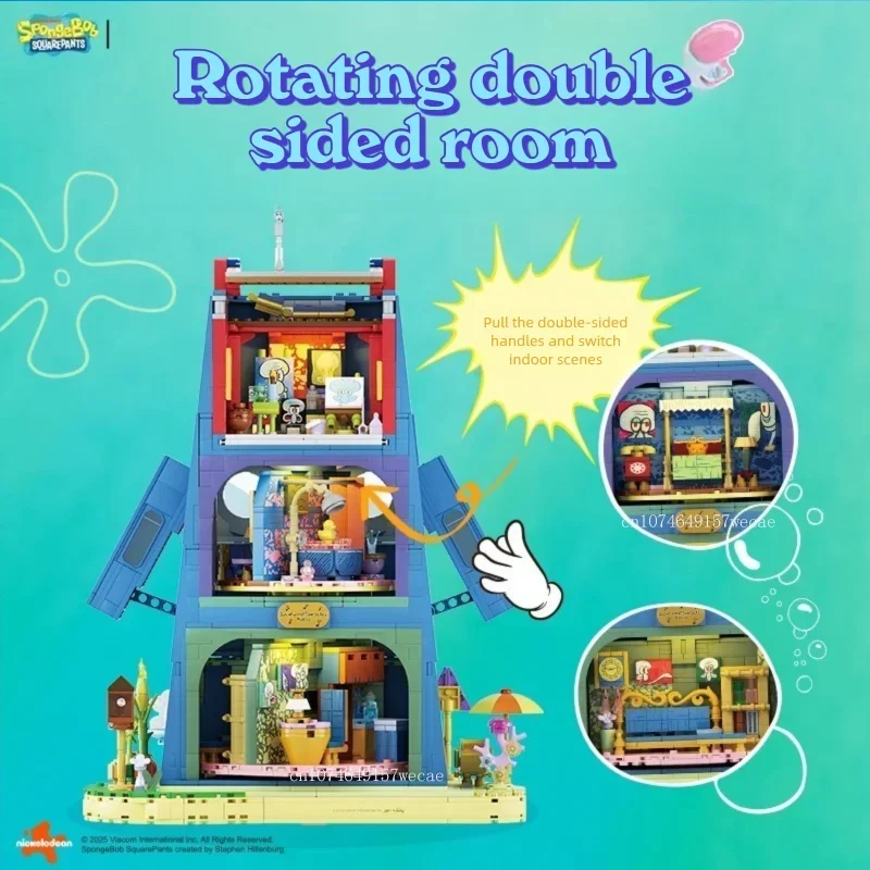 1655PCS SpongeBob SquarePants Squidward Stone Statue House Building Blocks Cartoon Model Bricks Set With Light Kids Toys Gifts