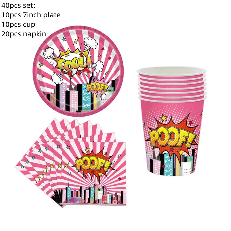 Superhero Themed Girl Birthday Party Supplies Cutlery Set Plates Napkin Tablecloth Pink Superhero Birthday Party Baby Shower