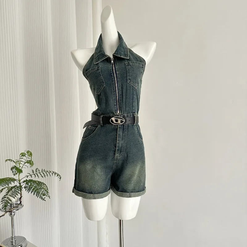 CHENJIAZHEN Halterneck Denim Jumpsuit Women's Summer Pure Lust Backless Sexy Rolled A-Line Wide-leg Shorts