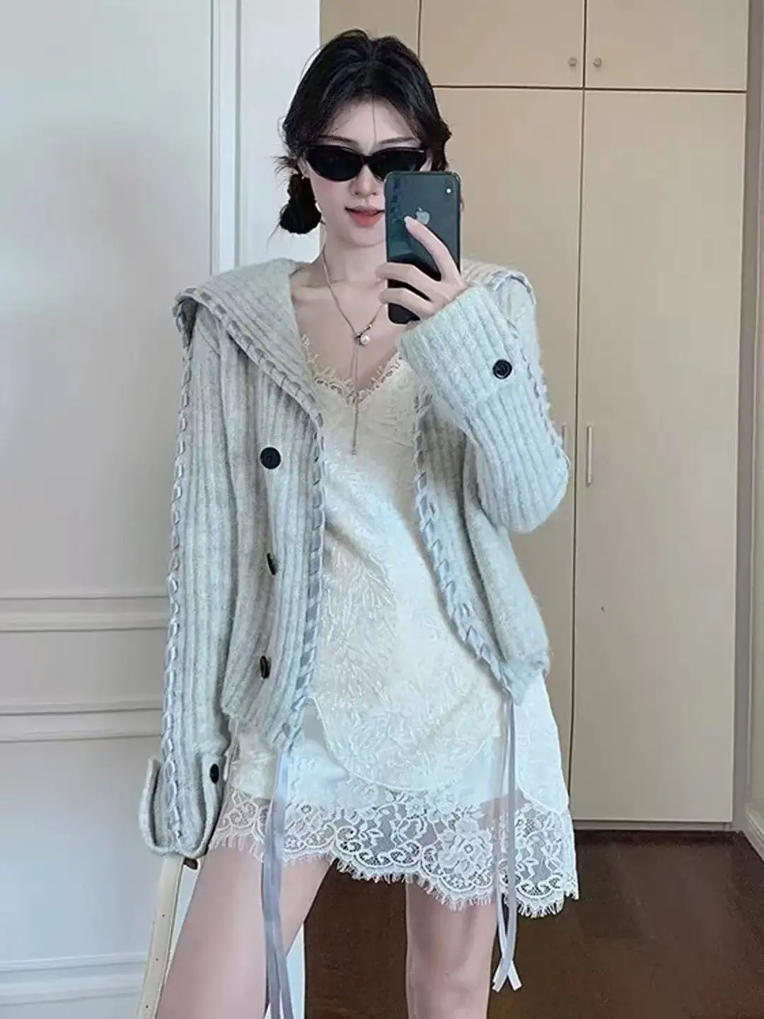 الكورية Sle طويلة Sve بدوره إلى أسفل طوق محبوك سترة المرأة الخريف الشتاء جديد Sle سترة مفتوحة مخطط Dstring Na... #2