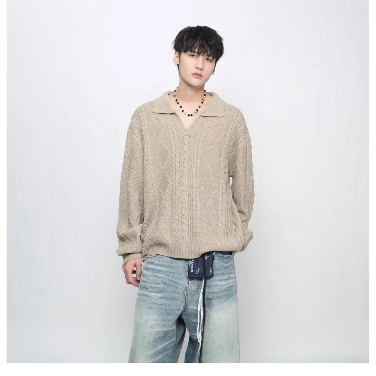 

Повседневный вязаный свитер в американском стиле ретро с v-образным вырезом, мужской цветной открытый кардиган, зимняя верхняя одежда, свободный крой, длинный све