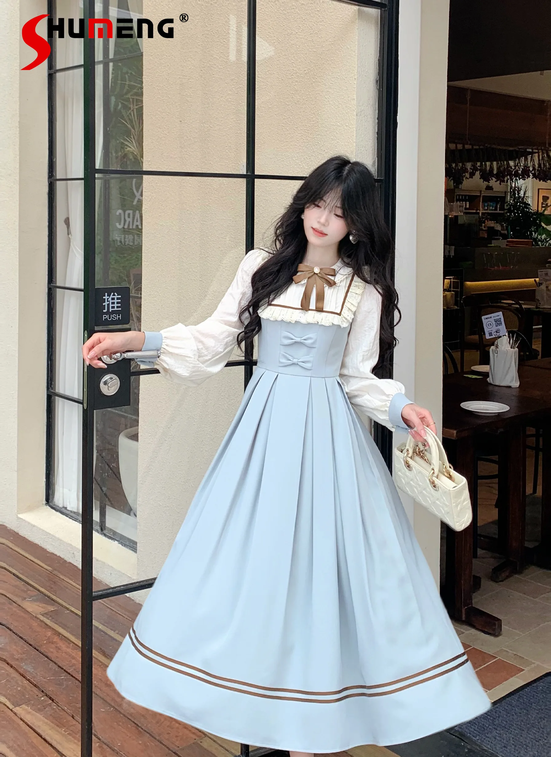 

Sweet Elegant Preppy Style Ruffles Splicing Bow Doll Collar Long Sleeve High Waist Slim A-line Pleated Maxi Dress Women Summer