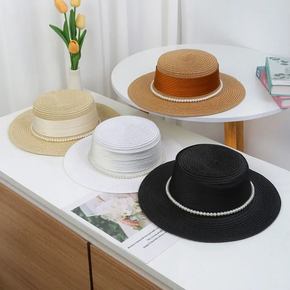 UV Protection Wide Brim Straw Hat Straw Weaving Pearl Chain Flat Sun Cap Comfortable To Wear Breathable Women's Fisherman Hat