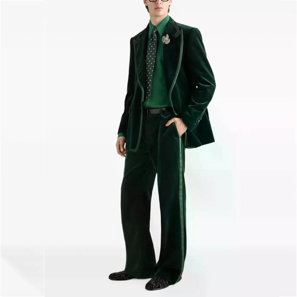 Dark Green Velvet Suit For Men Straight Fit Peak Lapel Satin Trim Fashion Formal Outfit For Stage Show Wedding Set Jacket Pants