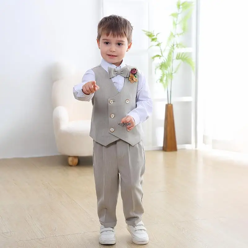 Gentleman Kids Beaufitul Photograph Suit Baby Boys 1 Year Vest Pants Flower Bowtie 4PCS Birthday Dress Children Wedding Tuxedo