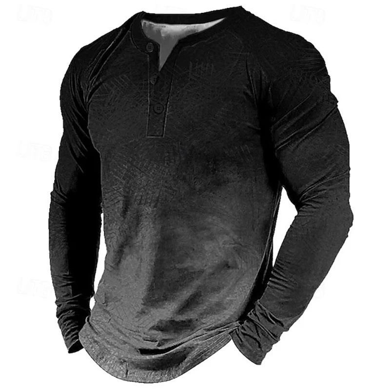 Fall Long-Sleeve Henley Shirt Men's Solid-Color And Gradient-Print Henley Shirt Button-Down Long-Sleeve Plus-Size Top