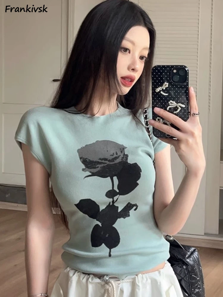 T-shirts Women Floral Print Summer Korean Style Shinny Charming Youthful All-match Chic Streetwear Holiday Ins Cozy Students New