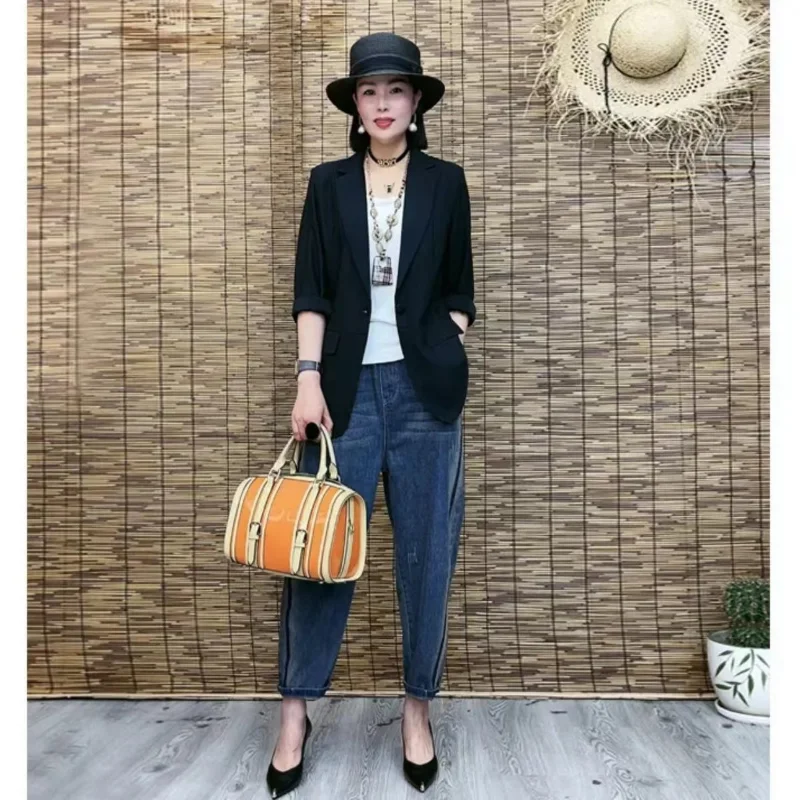 2023 Summer New High-grade Western-style One-button Suit Jacket Fashion Seven-point Sleeve Women Small Suit