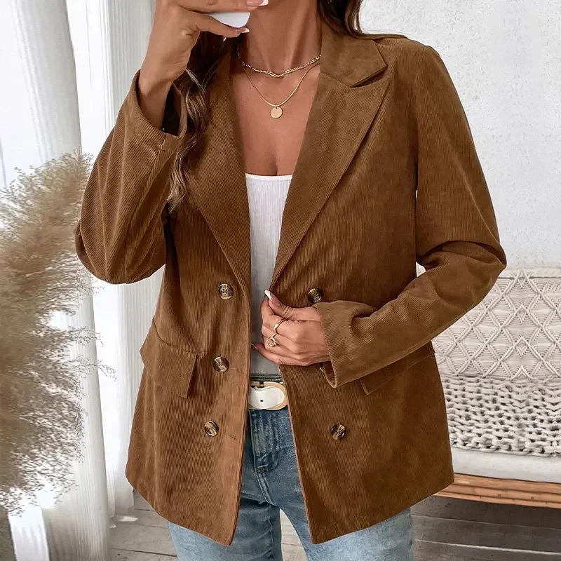

Korean Vintage Corduroy Double-breasted Suit Jacket, Women's Autumn/Winter Solid Color Casual Loose Patchwork Suit Mujer